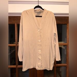Fancy Homebody Size Large Oversized Beige Button-Up Long Length Cardigan Pockets